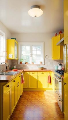 a kitchen with yellow cabinets and tile flooring is pictured in this image, the light shines on the countertop