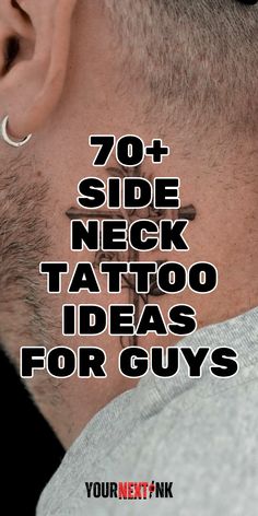 the back of a man's head with text over it that reads 70 side neck tattoo ideas for guys
