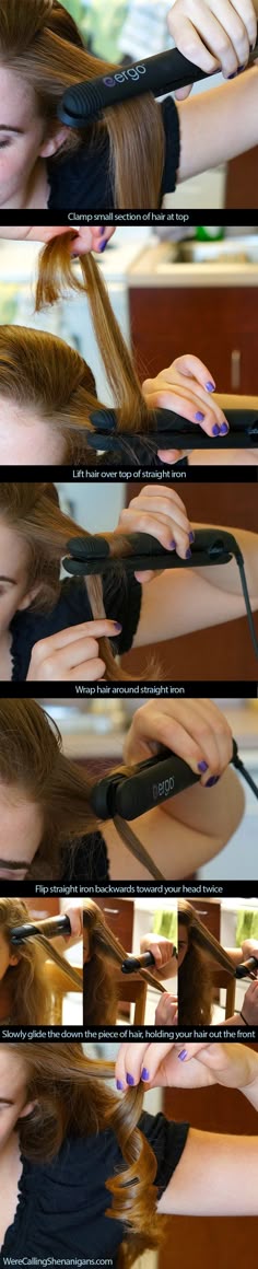 How to curl hair with flat iron tutorial How To Curl Your Long Hair, Diy Curls With Straightener, Classic Curls Tutorial, How To Curl Ur Hair With A Curling Iron, How To Curl Ur Hair With A Straightener, Curl Ur Hair With Straightener, Ways To Curl Ur Hair With A Straightener, Hair Curling Flat Iron, Hair Straightener Hacks Curls