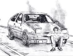 a drawing of a man sitting next to a police car
