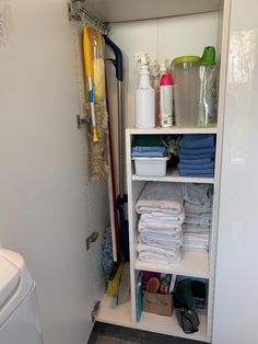 an organized bathroom closet with toiletries and cleaning supplies
