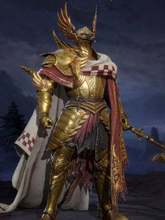 a golden knight standing in front of a dark sky
