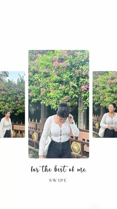 three pictures of a woman standing in front of a tree with pink flowers on it