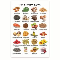 a poster with the words healthy fats and pictures of foods that are high in carbohydrates