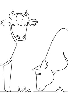 a black and white drawing of a cow standing next to a calf in the grass