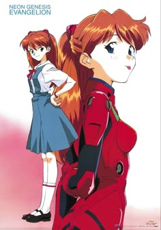 an anime character with long red hair standing next to another character