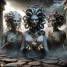 three statues in front of an old building with snakes on their heads and hands around them