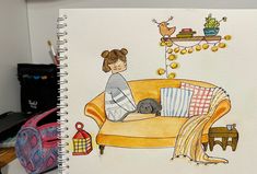 a drawing of a woman sitting on a couch with a dog sleeping on her lap