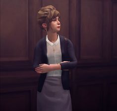 a young woman standing in front of a wooden wall