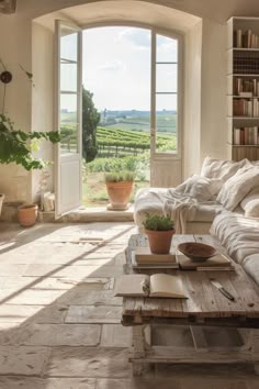 a living room filled with furniture next to a window covered in books and planters