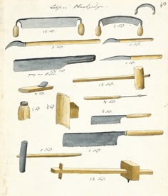 various types of tools are shown in this antique illustration from the early 19th century,