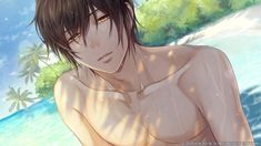 a naked man standing in front of a body of water with palm trees behind him