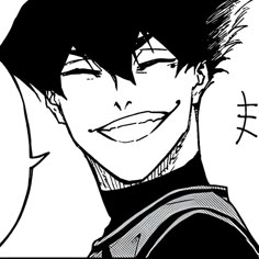 a black and white drawing of an anime character with short hair, smiling at the camera