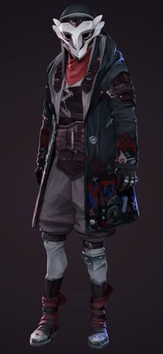 the character is wearing an animal mask and jacket