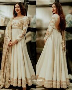 Fitted Cream Anarkali Set With Dabka Work, Wedding Cream Anarkali Set With Dabka Work, Cream Anarkali Set With Dabka Work, Traditional Cream Dupatta With Dabka, Off White Anarkali Traditional Wear, Cream Anarkali Dress With Dabka Work, White Anarkali Traditional Wear With Long Sleeves, White Anarkali Dress For Wedding, Semi-stitched Cream Anarkali Set With Dabka Work