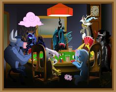 cartoon characters sitting around a table with drinks and playing cards in front of the clock