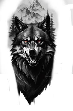a black and white drawing of a wolf with red eyes