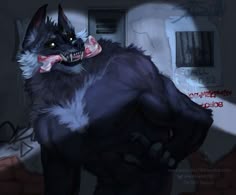 a drawing of a cat with blood on it's face and mouth, standing in front of a door