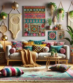 a living room filled with lots of colorful pillows and rugs on the floor next to a white couch