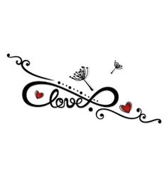 the word love with two hearts and butterflies on it's side, in black ink