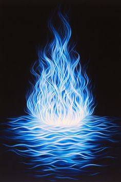 a painting of blue flames floating on top of water