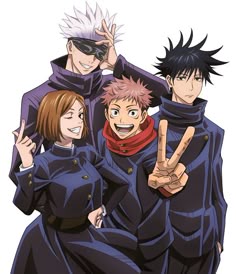 three anime characters posing for the camera with their fingers in the shape of two peace signs