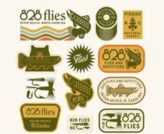 several different types of fishing stickers on a white background, including fish and other items