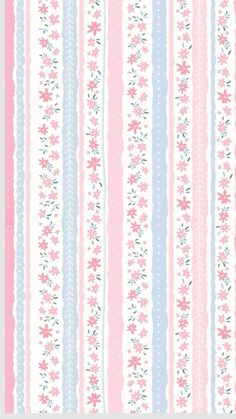 a pink and blue striped wallpaper with flowers