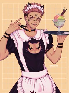 a drawing of a woman holding a tray with an ice cream sundae on it