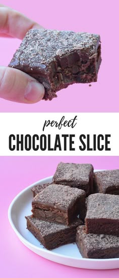 chocolate slice on a white plate with pink background and text overlay that reads perfect chocolate slice