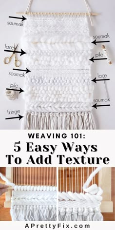 Learn to create beautiful texture to your weaving by following this step-by-step tutorial that utilizes 5 easy techniques. So simple and pretty! #diyweaving #woven #texture #beginnerweaving