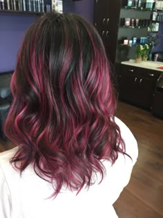 Pink Hair Colour Highlights, Brown Hair Magenta Highlights, Pink Red Highlights, Dark Pink Hair Highlights, Pink Highlights In Dark Hair, Black And Raspberry Hair, Dark Pink Ombre Hair, Raspberry Hair Color Highlights, Dark Pink Highlights In Black Hair