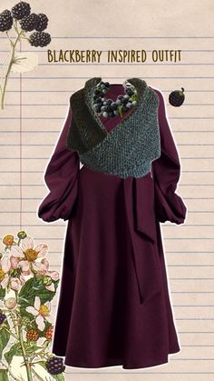 Blackberry inspired outfit - deep purple dress, with a green shawl, and blackberry jewelry