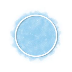 a blue circle with white trim around it on a light blue background, surrounded by clouds and stars