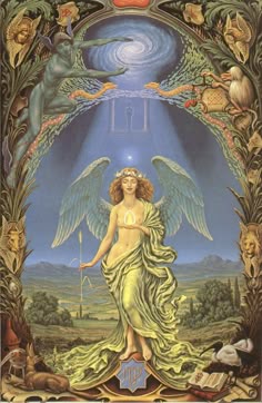 an angel surrounded by angels and other animals in the background is a blue sky with stars