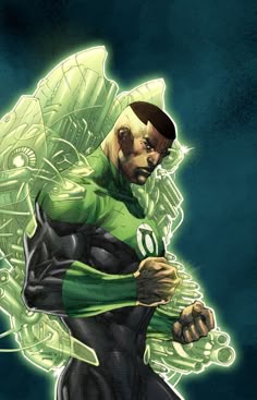 the green lantern is standing with his hands on his chest