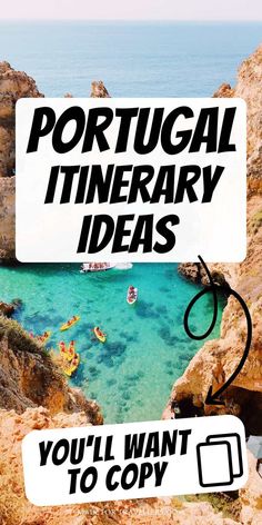 View of turquoise waters and kayakers between rocky cliffs in Algarve Portugal, with bold white text boxes and a sunny coastal vibe.
