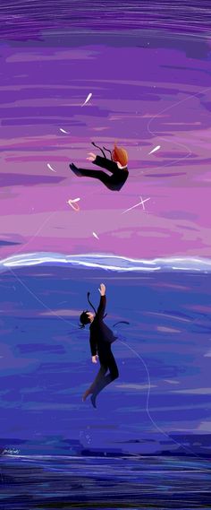two people are flying kites in the air over the ocean at sunset or dawn
