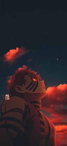 an anime character looking up at the sky with clouds in the background and stars above