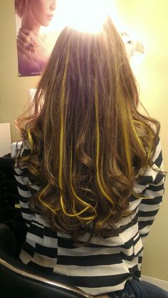 Yellow hair extensions Yellow Hair Coloring, Brown Hair With Yellow Highlights, Brown Hair With Yellow, Brown Hair Yellow Highlights, Yellow Highlights Hair, Yellow Hair Highlights, Yellow Brown Hair Dye, Brown And Yellow Hair, Yellow And Brown Hair