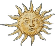 a drawing of the sun's face is shown in gold and silver foil on a white background