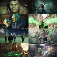 many different pictures of people and monsters in the same photo, one has green light