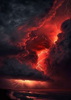 a red and black storm with lightning striking over the ocean in the sky above it