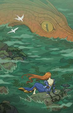 the little mermaid is sitting in the water with her head down and looking at an alligator