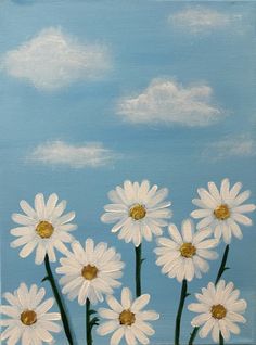a painting of white daisies against a blue sky