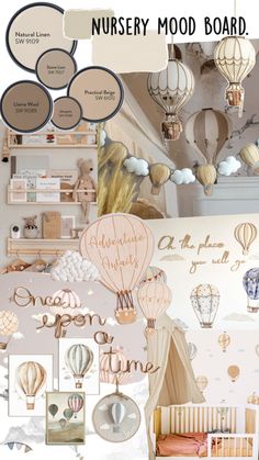 nursery mood board with hot air balloons, clouds and other items in pastel tones