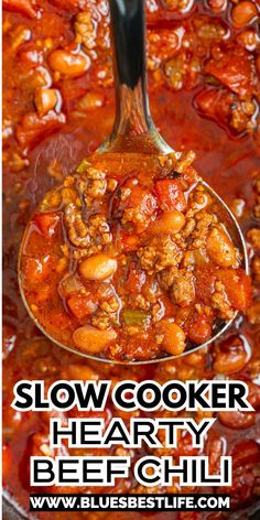 slow cooker hearty beef chili recipe in a skillet with text overlay