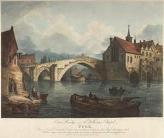 an old painting of a bridge over a river with boats in the water and buildings on either side