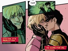 an image of a comic strip with two people kissing and one is holding his hand up to the other's face