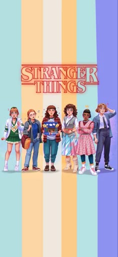 an image of the characters from the tv series stranger things on a rainbow striped background